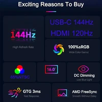 144 Гц 16-дюймовый портативный монитор FHD IPS-экран 1200P HDR 16:10 Дисплей с отверстием VESA HDMI USB Type-C Внешний второй монитор — изображение 2