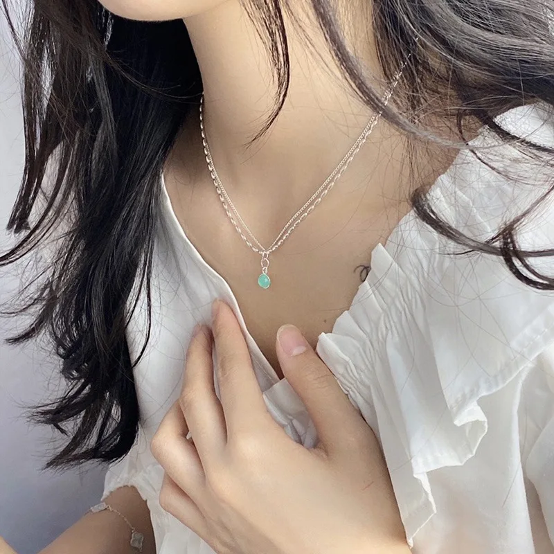 VENTFILLE  925 Sterling Silver Green Crystal Double Layer Necklace For Women Design Temperament Versatile Jewelry Gift Wholesale
