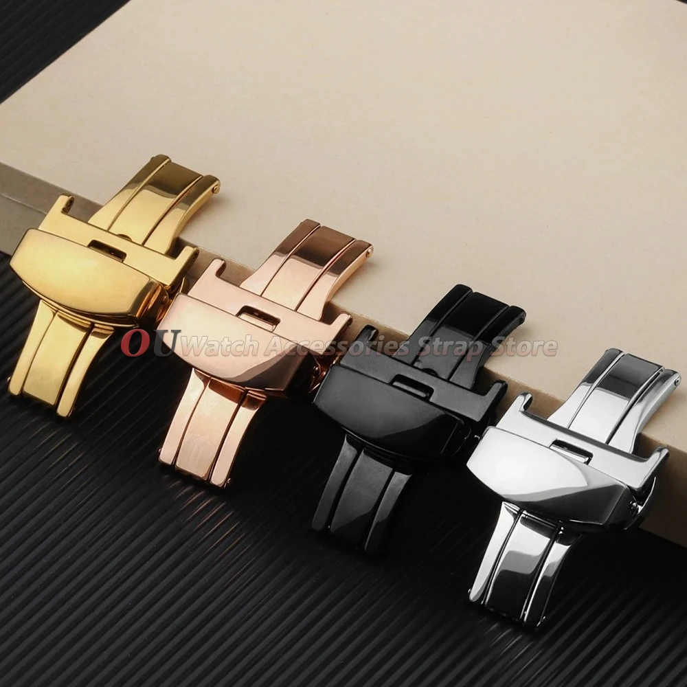Stainless Steel Polished Butterfly Buckle Watch Strap with Metal Clasp