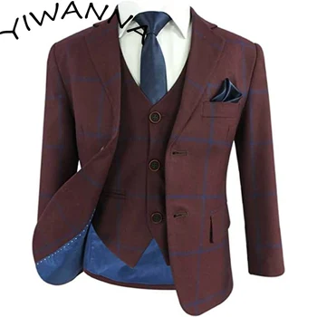 소년용 창판 체크 맞춤형 핏 버건디 수트, 블루 스트라이프, 빈티지 세트, 웨딩 재킷 조끼 바지 세트, 3 피스