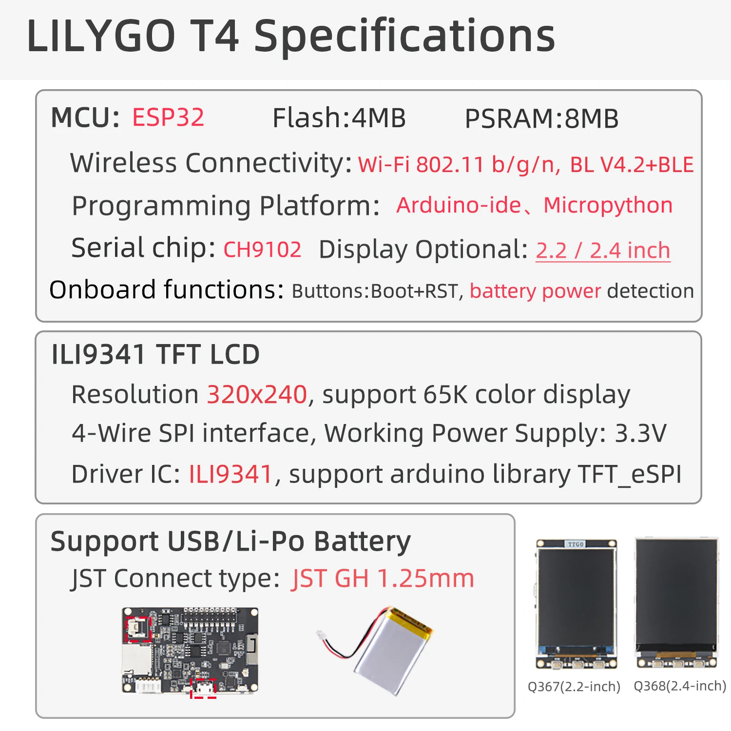 ® TTGO T4 V1.3 ESP32 Dev Board 2.2 inch 2.4" TFT Display Optional Arduino IoT Mo