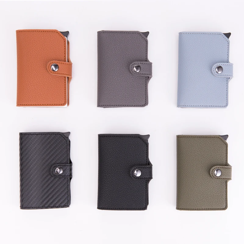 Card Holder Pu Litchi Leather Pop Up Case Smart Wallet Men Slim RFID Pochette Purse Aluminum Money Clip Carbon Fiber Business