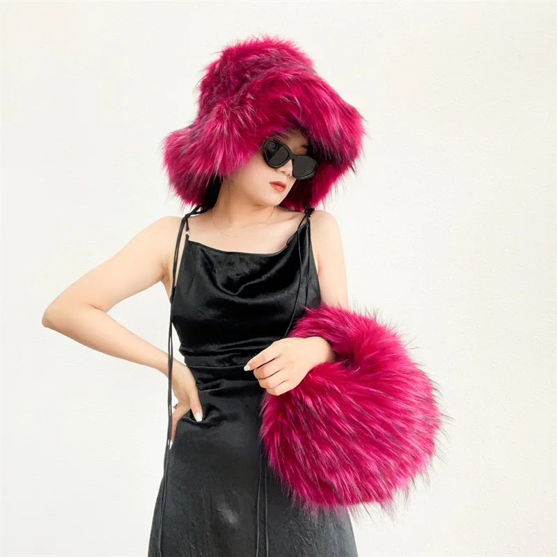 Y2K Millennium Girl Autumn Winter Fur Hats Handbag Sets for Women