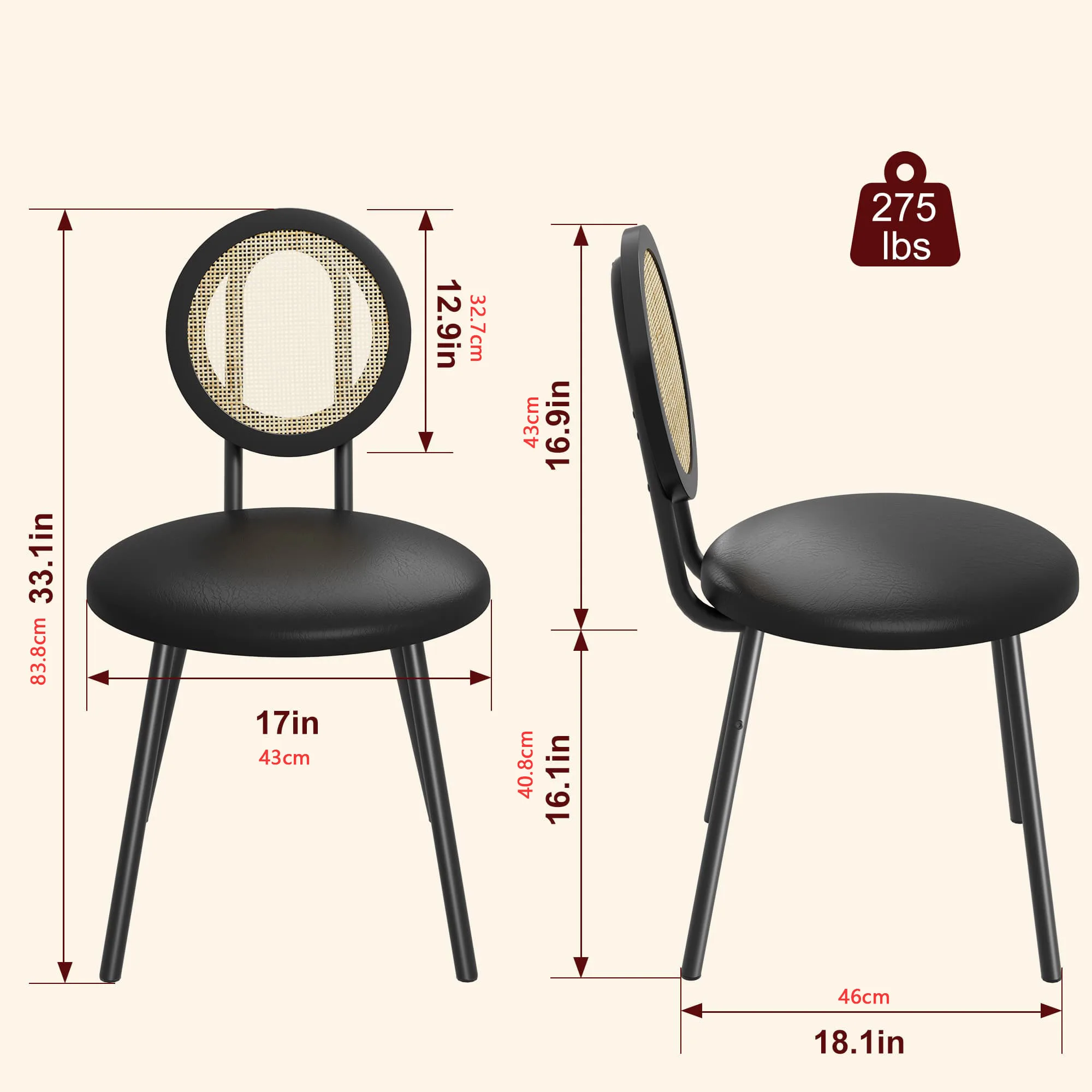 Rattan Esszimmerstühle Set PU-Leder Gepolsterte Küchenstühle mit Runder Rückenlehne, Moderne Seitenstühle für Esszimmer, Wohnzimmer – Detail 7