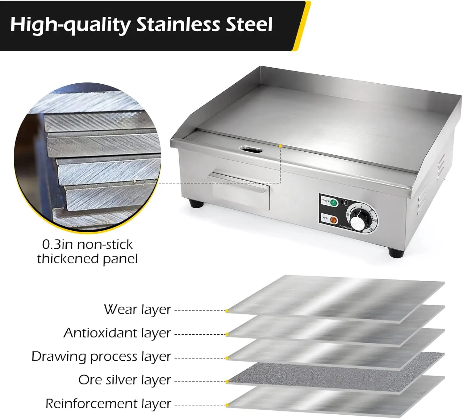 Commercial Electric Griddle 22'' Flat Top Grill Countertop Griddle 3000W 110V Stainless Steel Teppanyaki Grill Large Griddles fo 4