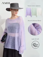 AMII بساطتها محبوك سترة للنساء 2025 Auyumn جديد الحلو أنيق الصلبة س الرقبة البلوز قطرة الأكمام محبوك القمم 12551046 1