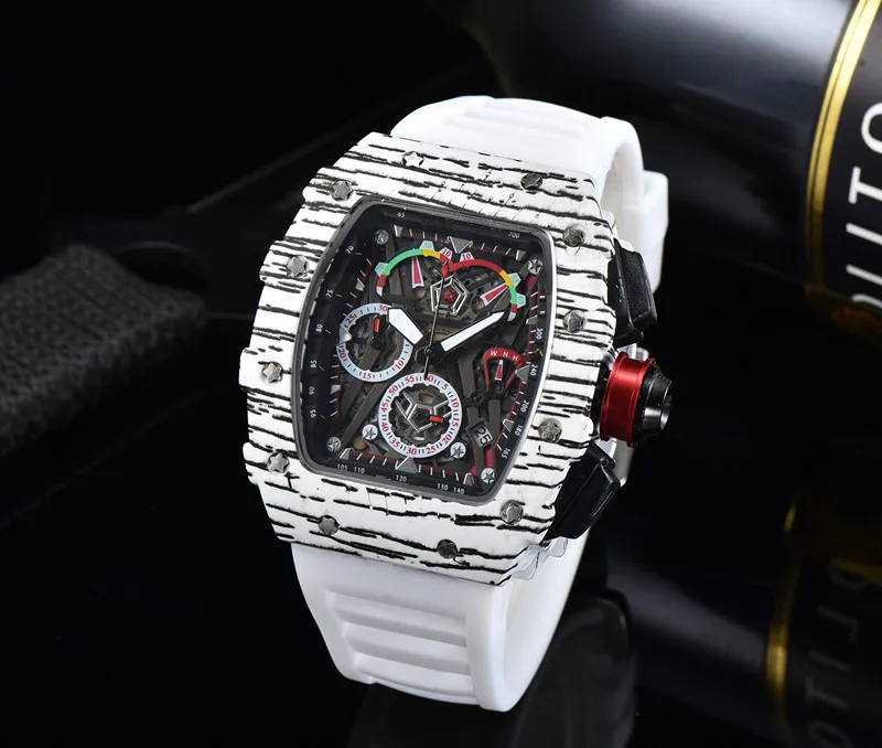 2022 Full-featured 6-pin Men's High Quality Quartz Watch Hollow Glass Back Stainless Steel Case Watch Black Rubber 