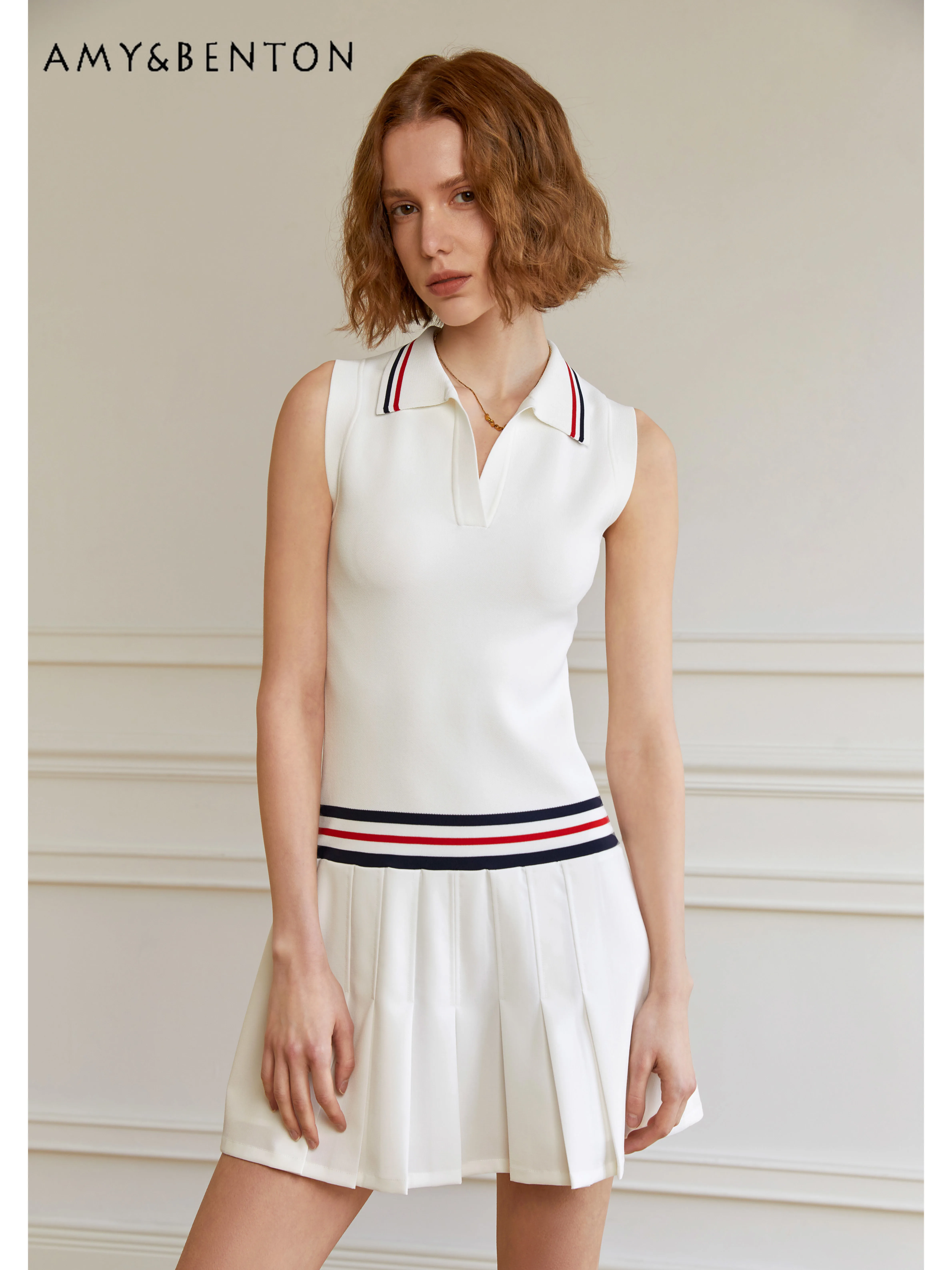 

Preppy Style Casual Patchwork Knitted Dress 2024 Summer New Commute Style Elegant Slim Sleeveless V-neck Slim Pleated Dresses