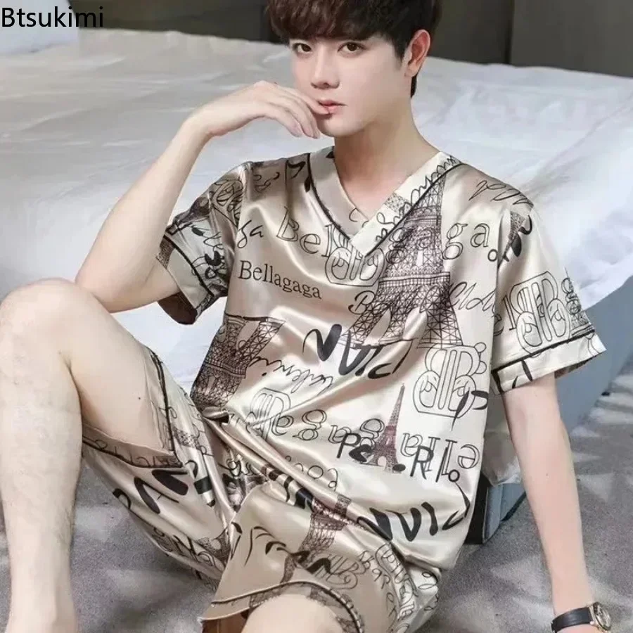 New Men's Summer Silk Pajama Sets Print Short Sleeve Pullover Tops and Shorts Homewear Suit Men Satin Casual Nightwear Sets