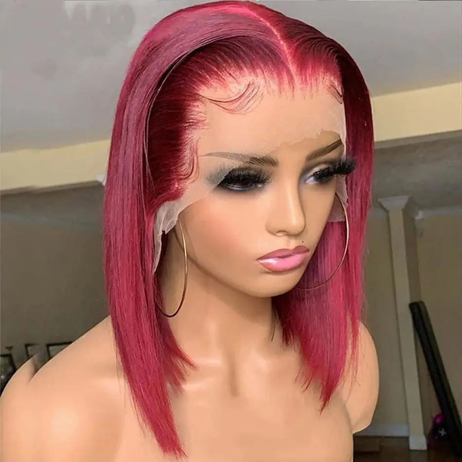 250% 13x6 Burgundy HD Transparent Short Bob Human Hair Wigs Color 99J Red Bone Straight Lace Front Wig For Women Pre Plucked 2