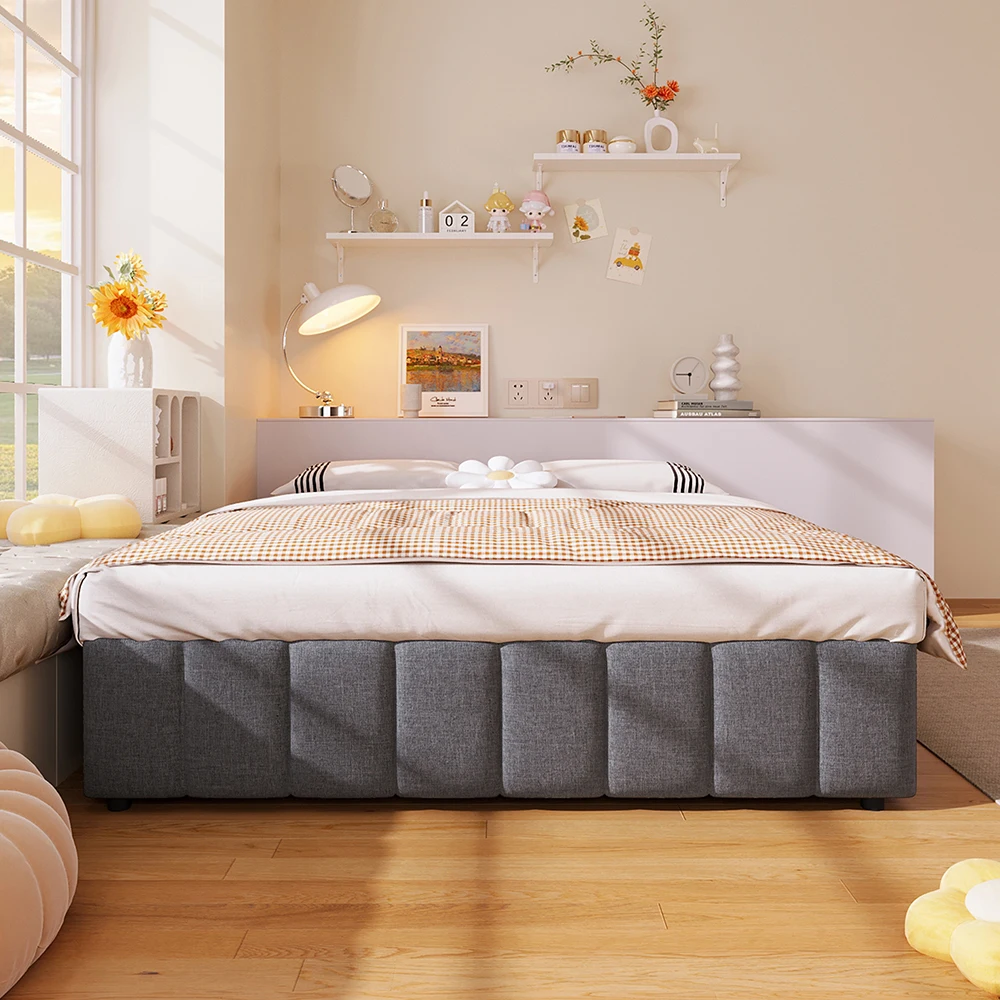 KOMHTOM Upholstered Bed Frame 140×200 cm, with Hydraulic Storage Space and Slatted Base, without headboard and mattress, Linen