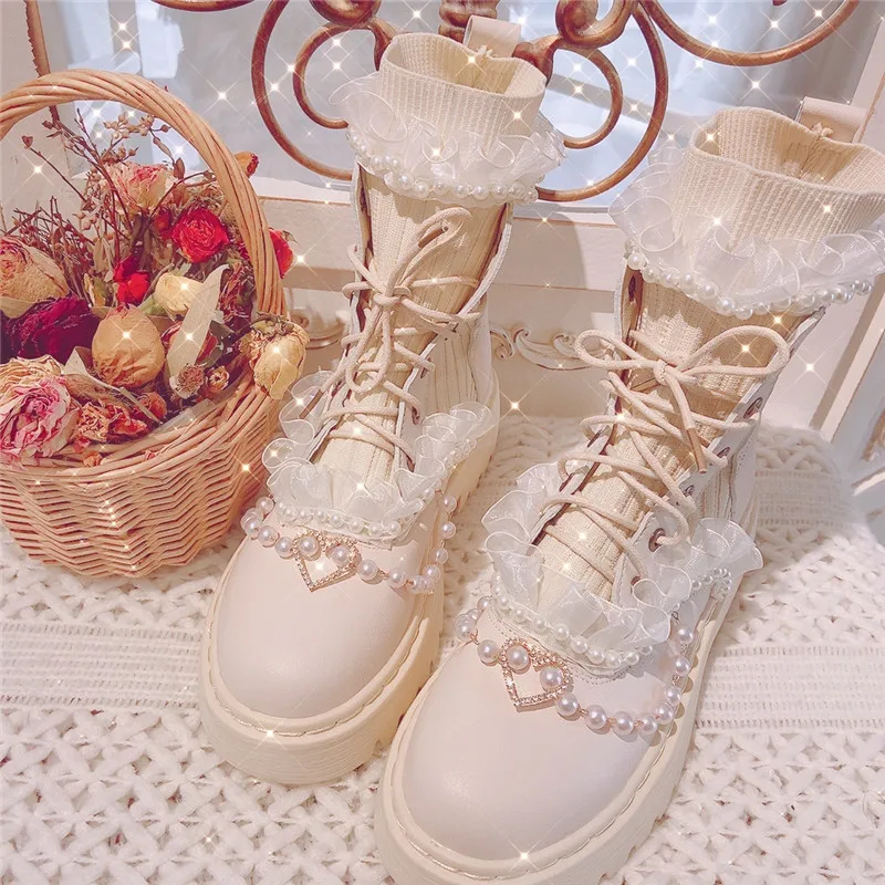 

Lolita's New Mid Barrel Elevated Martin Boots Slim Boots Sweet Girls' Beige Motorcycle Doc Martens Lace Pearl Tassels