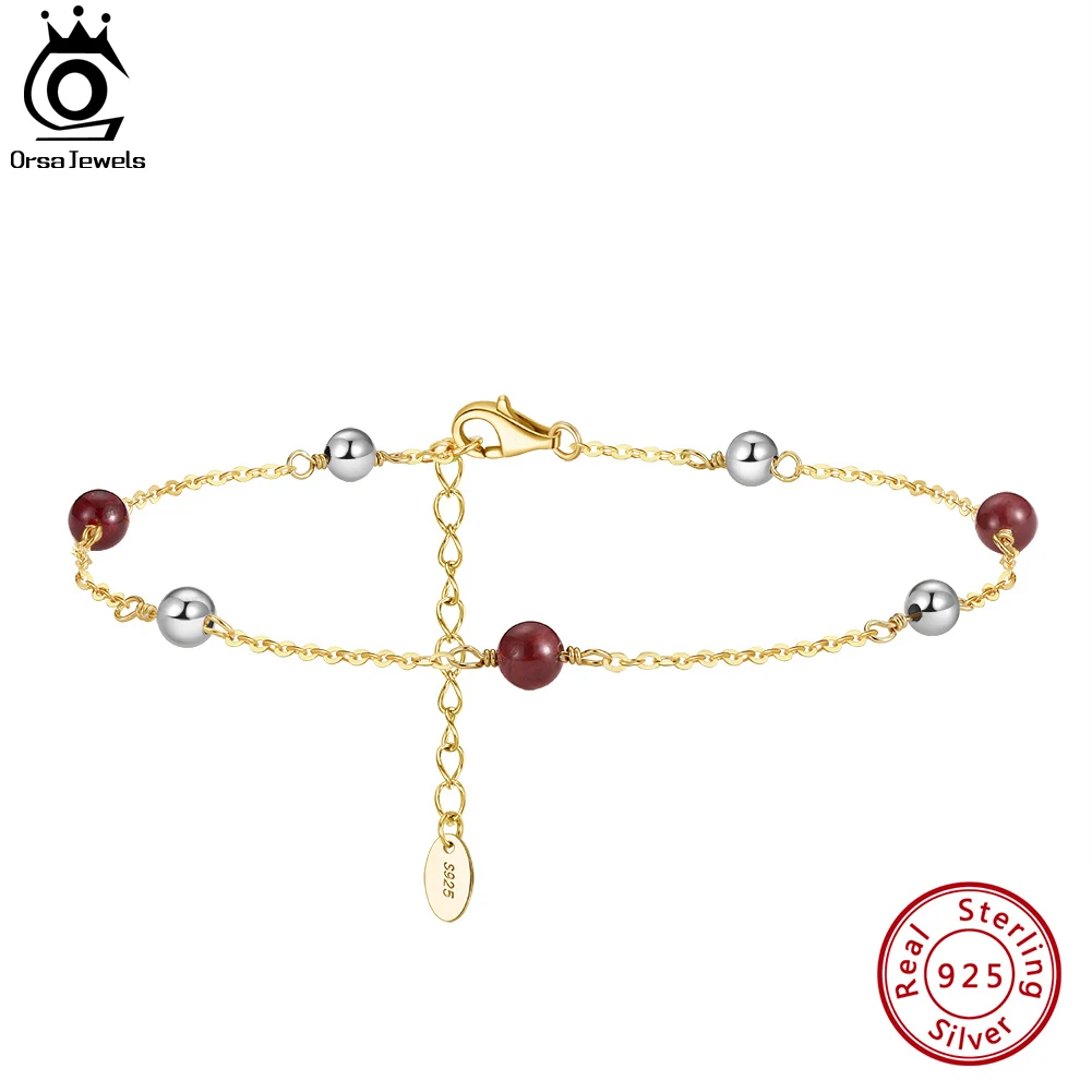 

ORSA JEWELS 925 Sterling Silver Genuine Beaded Ball Garnet Anklet for Women Fashion Foot Chain Ankle Summer Beach Jewelry SA47