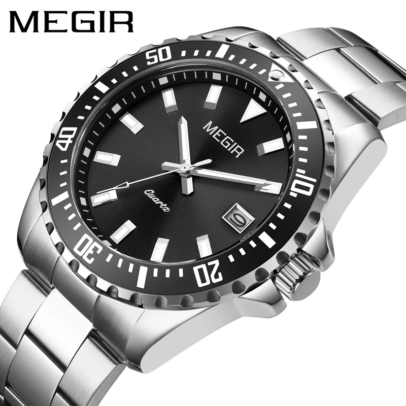MEGIR New Fashion Quartz Watch for Men Luxury Stainless Steel Waterproof Luminous Calendar Mens Watches Relogio Masculino