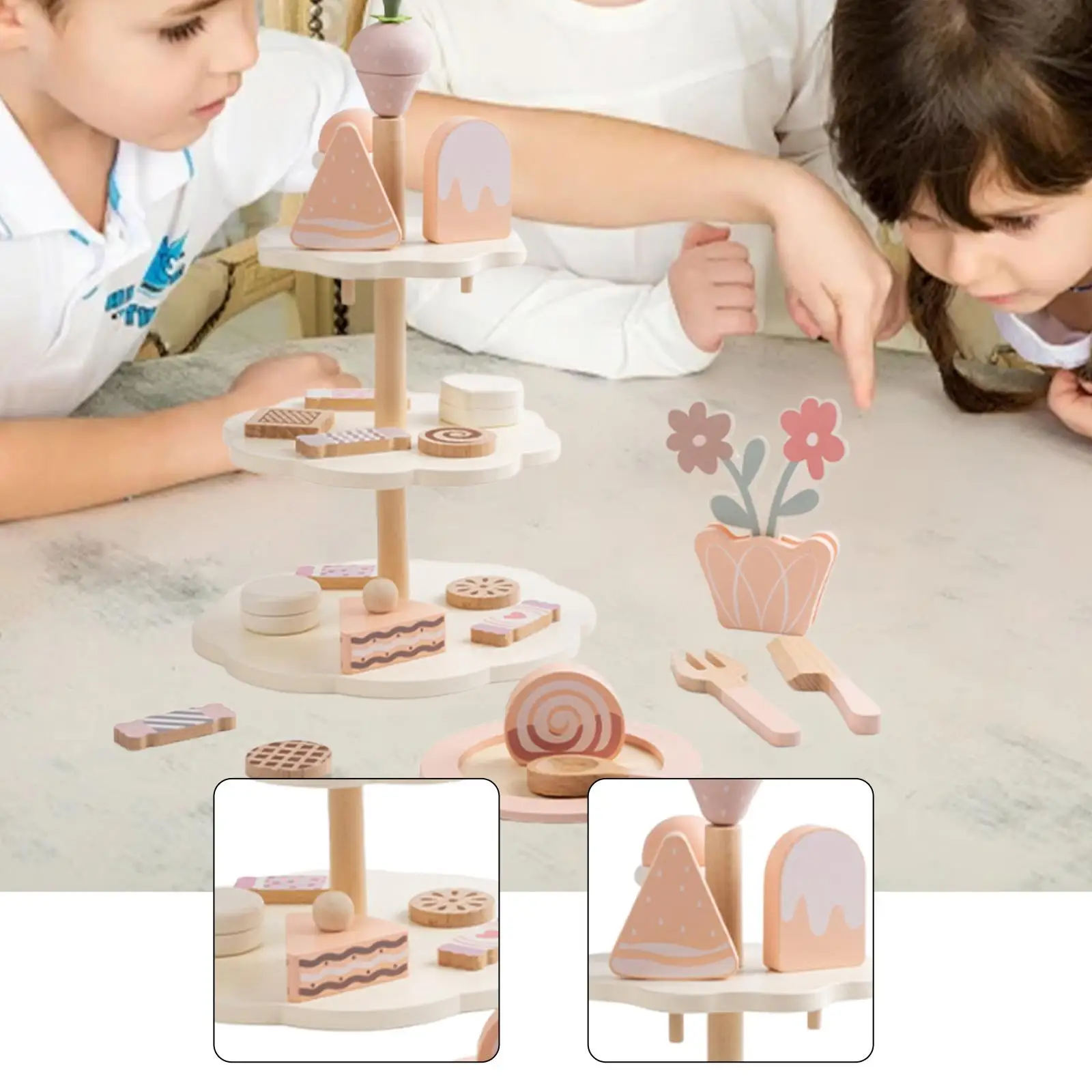 【High Cost-Performance】 Wooden Tea Party Set Interactive Game with Cupcake Stand & Food Dessert Role Playing Kitchen Playset Pretend Play Girls Children.