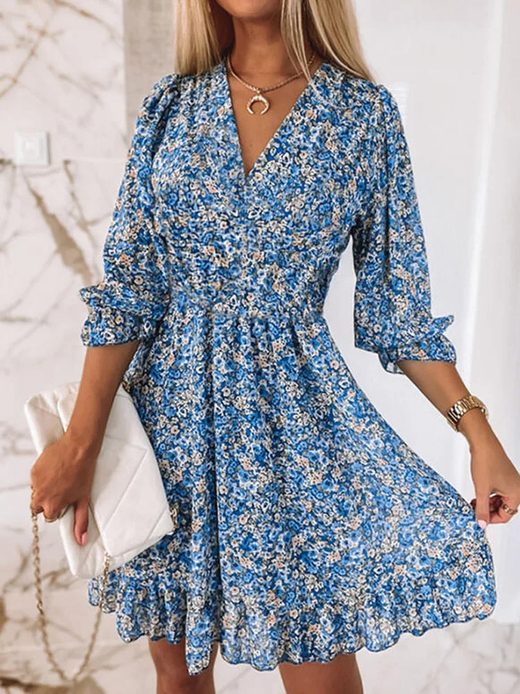 Sweet Printed 3/4 Sleeves Draped Women Dress 2022 Summer Elegant Holiday Girly Dresses Sexy V-Neck Waist-Up Bohemia Mini Dress 