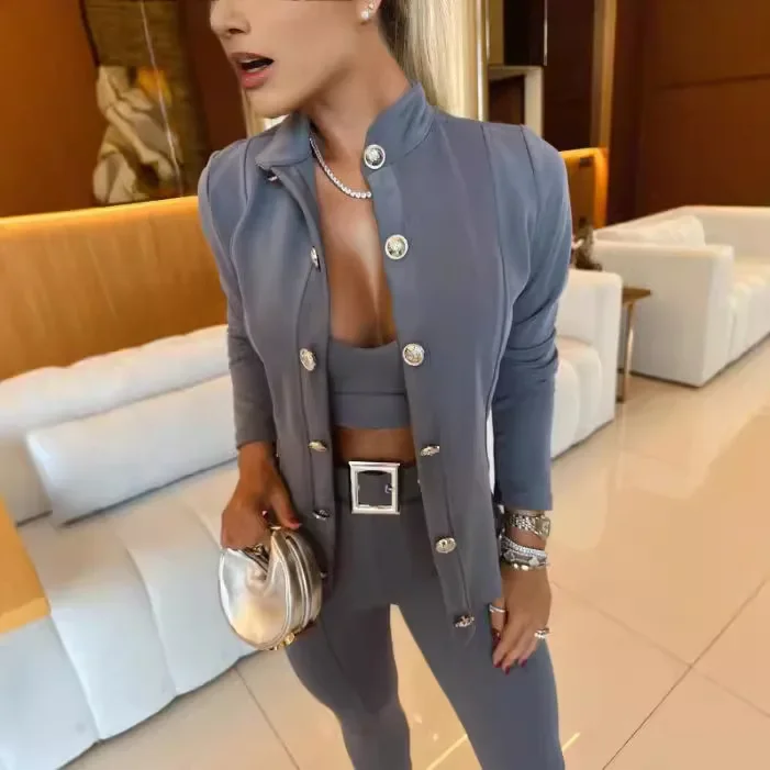 Fashionable Slim Fit Long Sleeve Stand Collar Double Buttoned Women's Jacket New Style Cross-Border Independent Station - Image 2