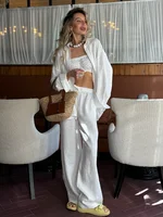 Ensemble chemise en coton et lin pour femmes, couleur unie, décontracté, Chic, chemisier boutonné, cordon de serrage, pantalon à jambes larges, vêtements de vacances d'été, 2025 1