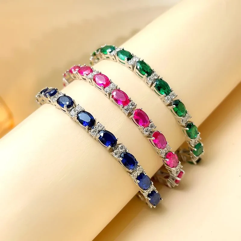 

New High Top Retro Red Diamond Sea Blue Treasure Bracelet 925 Silver European and American Engagement Jewelry for Women