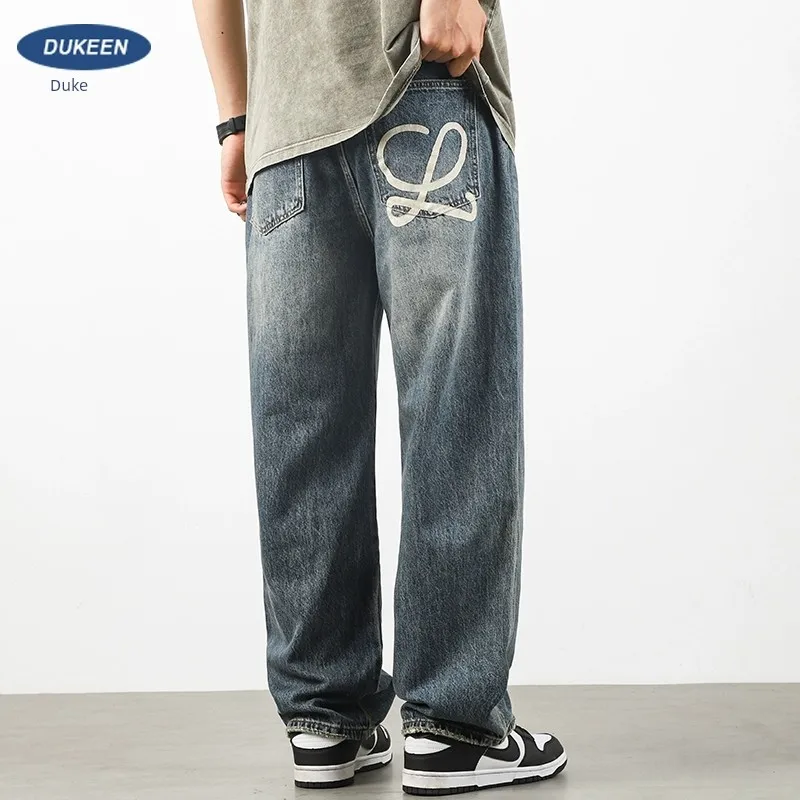 

EN American HigH Street Straight Jeans Men, Summer Trendy Brand, Washed Loose Wide Leg Pendant, Casual Pants For Men