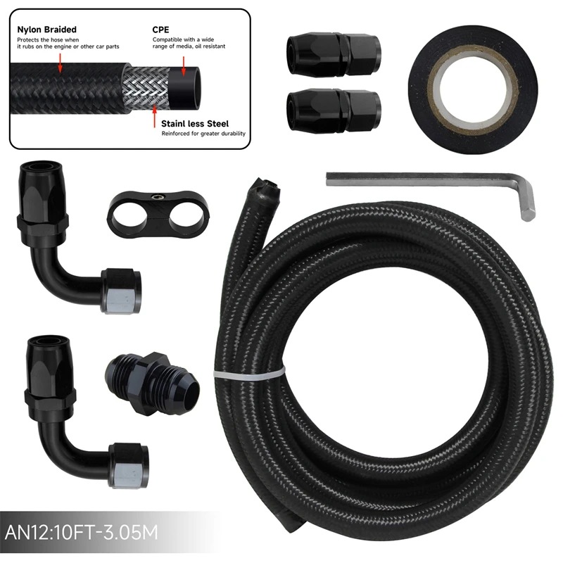 

10FT 3.05M AN12 Nylon/ Stainless Steel Braided Oil Fuel Line + AN12 Hose End Fitting Kit Black/Silver Universal