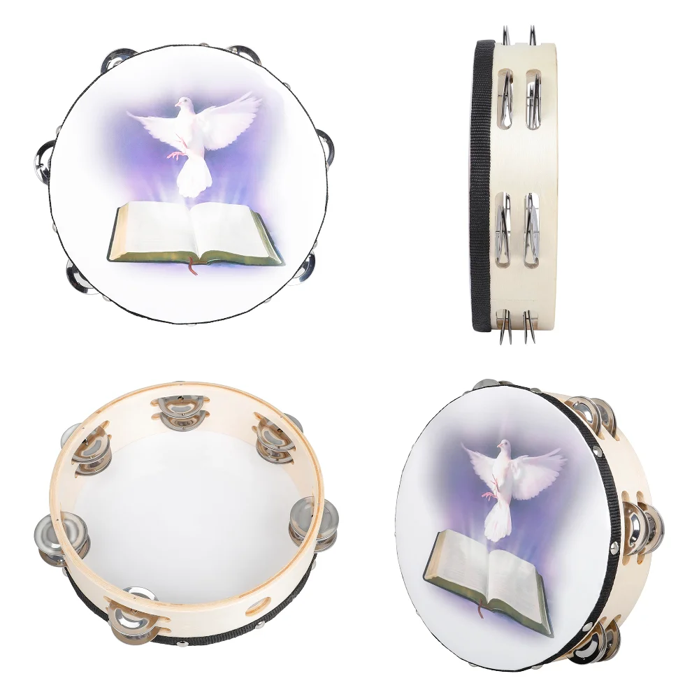 Dove and Bible Church Tambourine with Double Row Jingles 8 Inch Hand Held Drum Bell Double Row Tambourine for Kids Adults