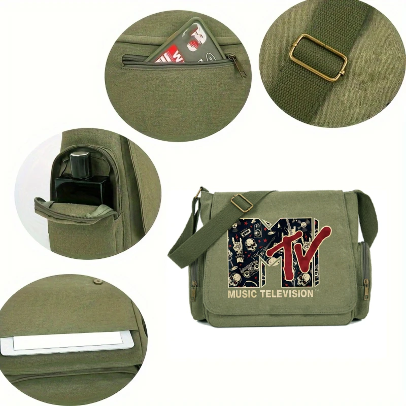 Retro Unisex Shoulder Bag Men's Crossbody Bag Canvas Music Print Large Capacity Women's Messenger Bag