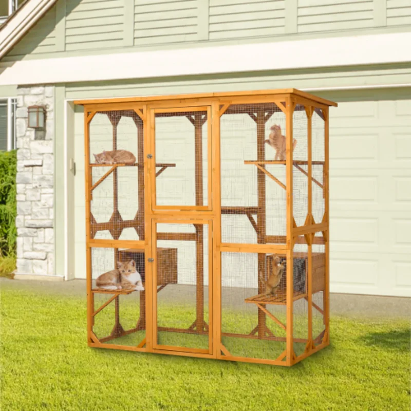 Catio Outdoor Cat Enclosure with Roof 72" Height Cat Wooden House Large Cage with 3 Jumping Platforms and 2 Napping Houses f