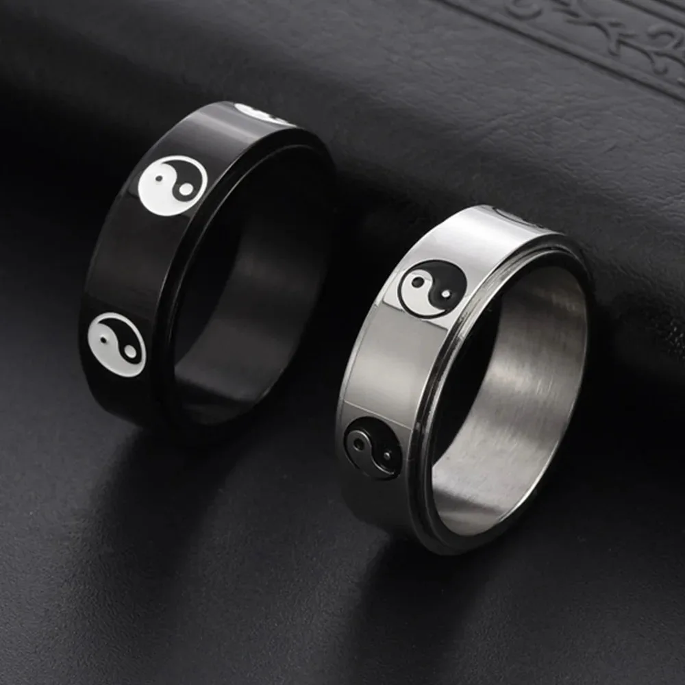 Titanium steel black and white Yin Yang Bagua rotatable ring personalized men's Tai Chi symbol rings 3