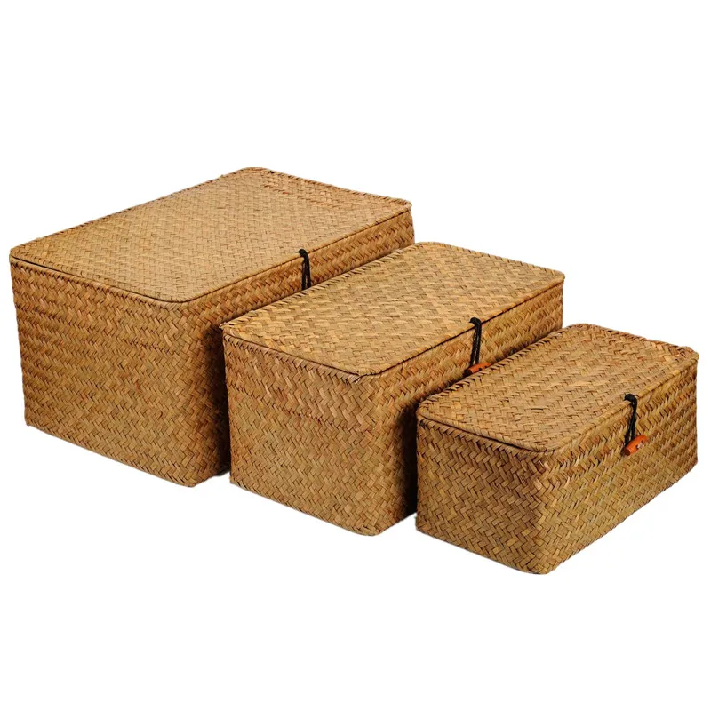 WHISM-Wicker Woven Storage Basket with Lid, Rattan Sundries Storage Box, Handmade Sorting Boxes, Seagrass Jewelry Organizer 3