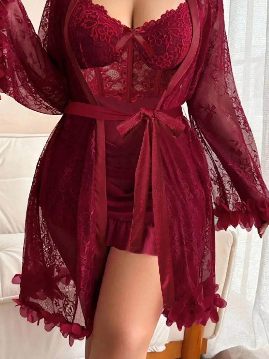Plus size nightwear with lace cami top, sheer mesh skirt, and soft romantic fit