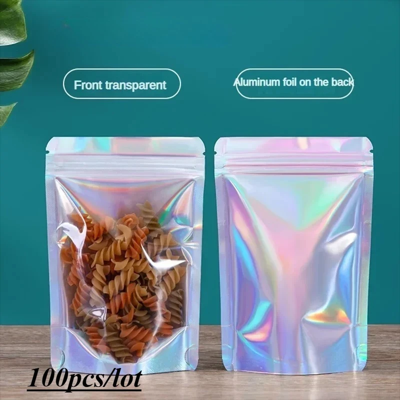 100pcs 실버 쿠키 스낵 식품 커피 말린 과일 파우더 캔디 홀로그램 ZipLock Mylar 쥬얼리 선물 포장 저장 가방