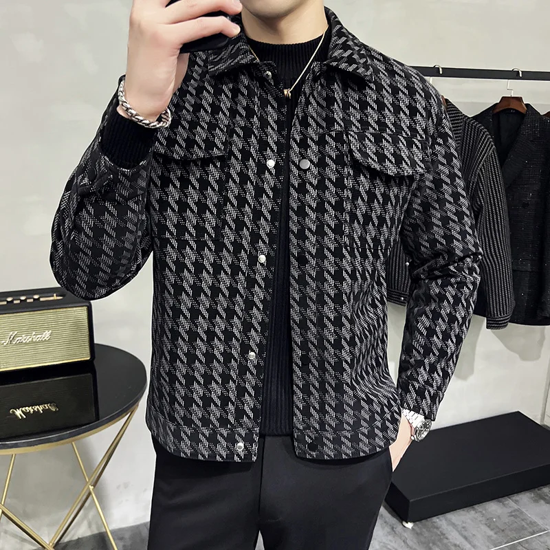 2022 Winter Houndstooth Leather Jackets Men Thicken Warm Turn Down
