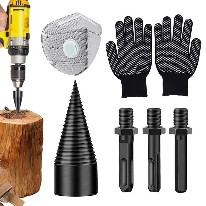 Wood Splitting Drill Bit Carbon Steel Cone Firewood Splitter 3PCS Drilling Handles Heavy Duty Kindling Wood Splitter For Camping