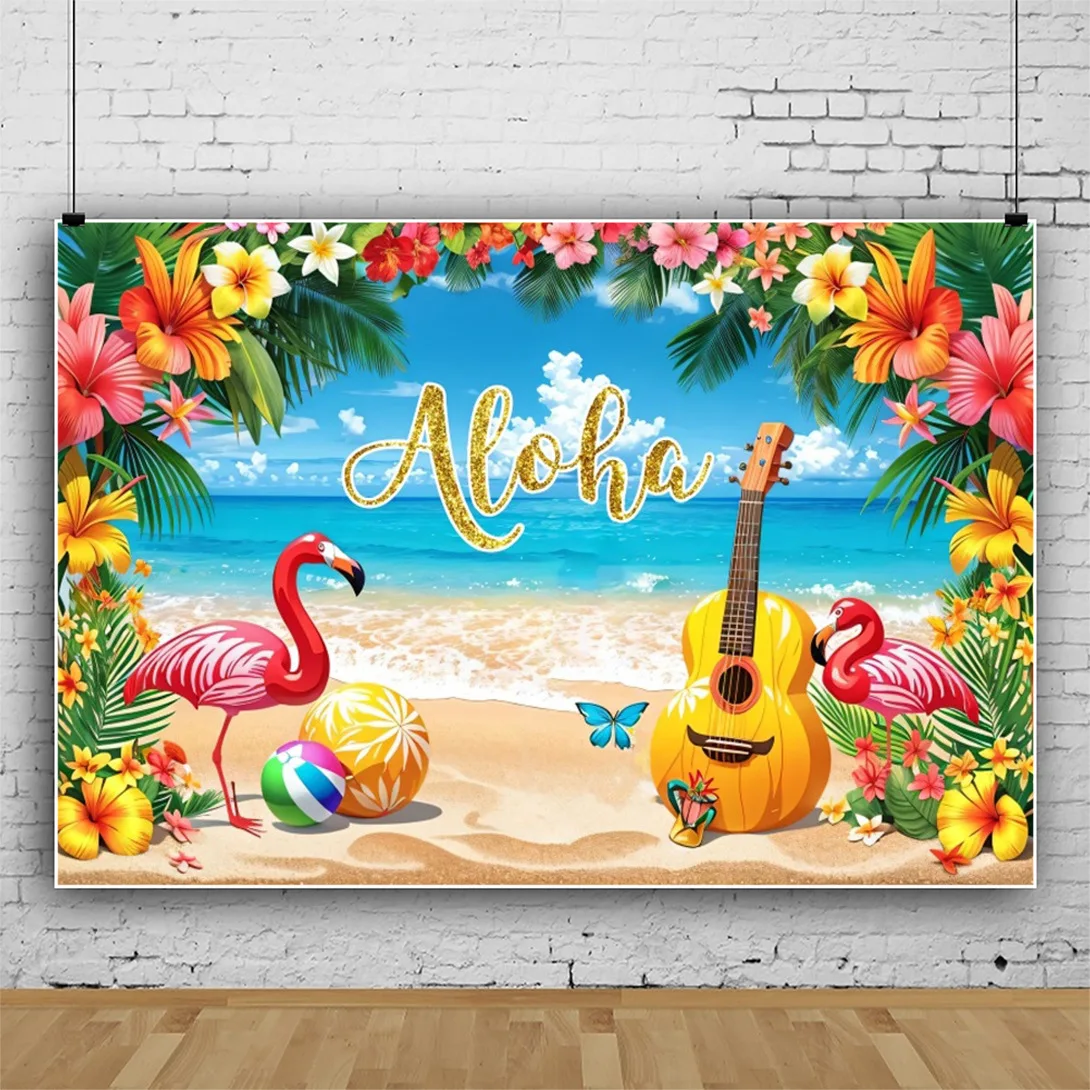 thumbnail image 1 of Fondo de fotografía de verano con flores tropicales, Aloha, Luau, mar, tabla de surf, fiesta de vacaciones, cumpleaños, accesorios de decoración, 1 of 5