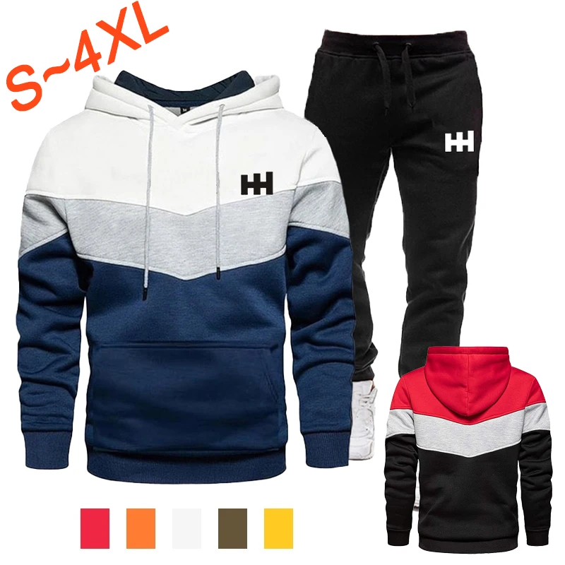 

New fashion printed men's sportswear set with three color patchwork hoodie and pants set with two pieces for jogging