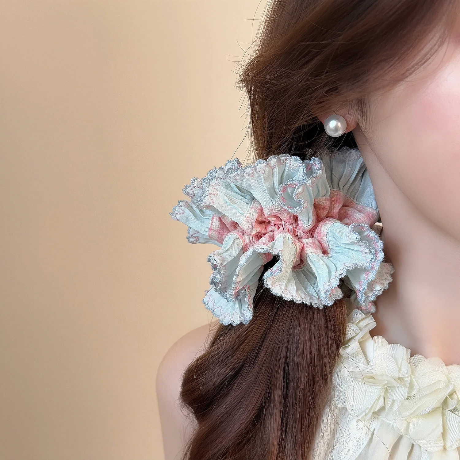Blue Checkered Lace Elastic Hair Scrunchie - Oversized 14CM Hair Accessory