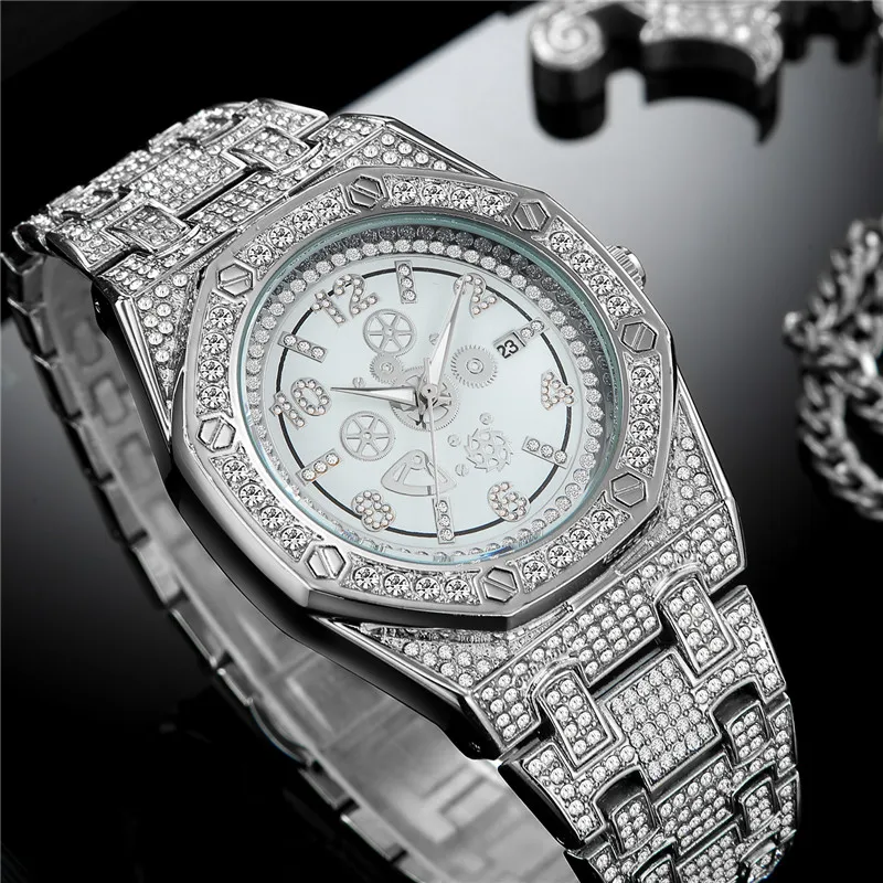 Men Big Brand Golden Watches Luxury Full Diamond Hip Hop Fashion Alloy Band Simple Date Quartz Vintage Watch Relogio Masculino