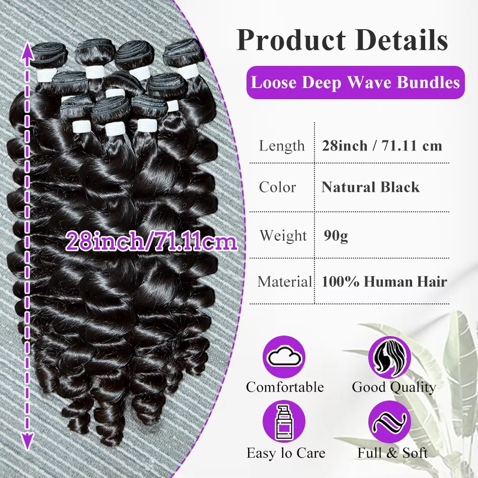 Human Hair Extensions Loose Wave 30 32 Inch Indian Raw Virgin Human Hair Bundles Deep Wave 3/4 Bundles Weft Tissage Curly