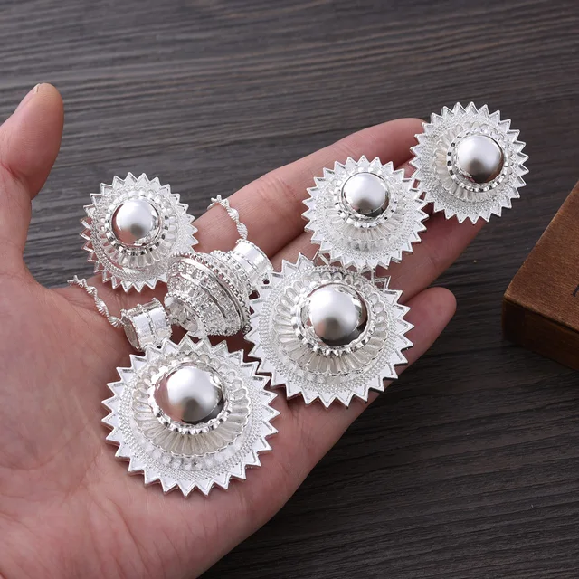 Silver Plated Fashion Ethiopian Big Size Earrings/2PCS Pendant/Ring Jewelry Set Silver Plate Africa Bride Wedding Eritrea  Gift 1