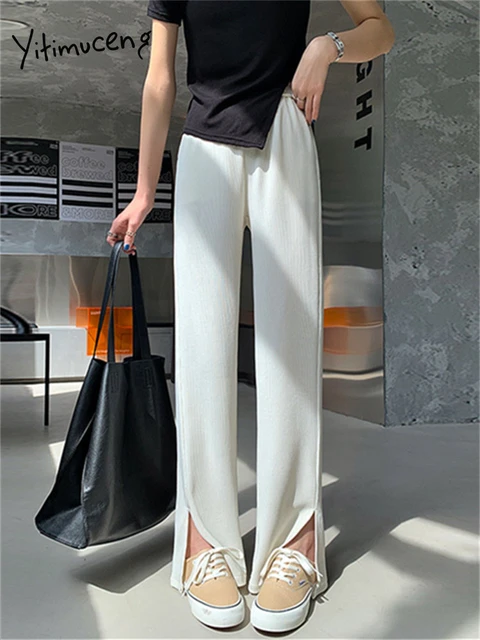 Yitimuceng Knitted Wide Leg Pants for Women 2023 New High Waisted Split Korean  Fashion Solid Straight Pants Ladies Casual Pants - AliExpress