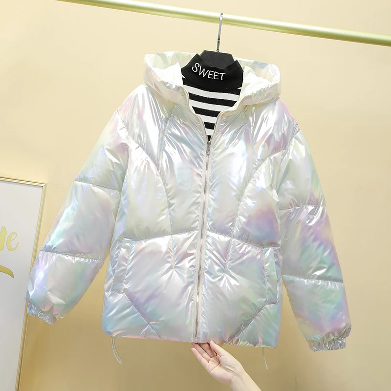 

Parker Cotton Clothes Women's Winter Hooded Solid Color Bright Face Long-sleeved Zipper Fashion Loose Commuter Jacket Bread Coat