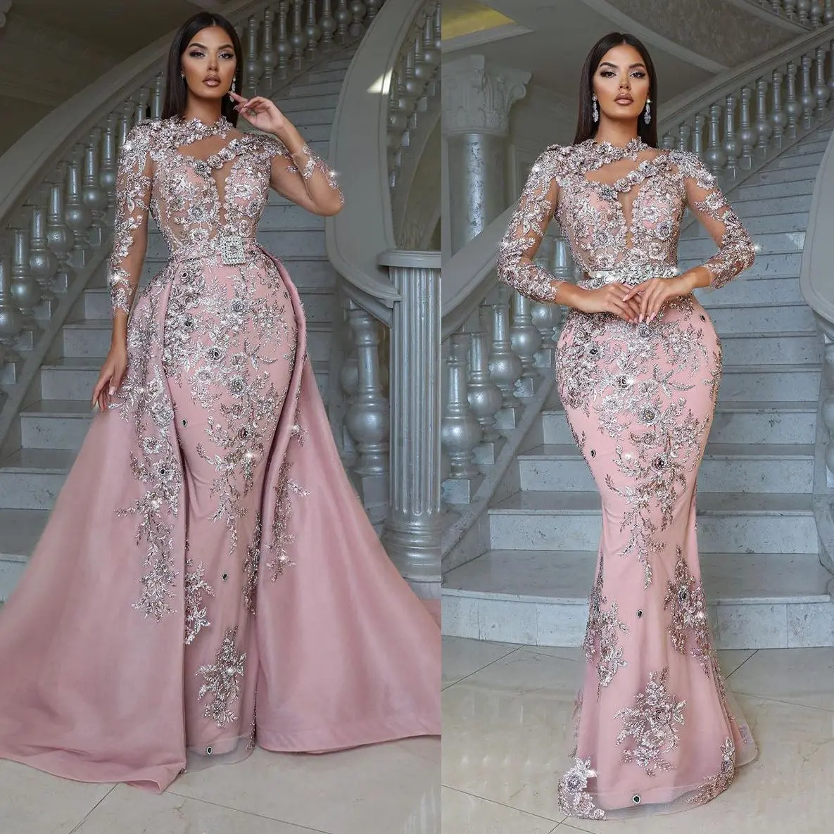 Luxury Pink Mermaid Evening Dress Woman Glitter Applique Flowers Prom Gowns Long Sleeves Party Night Dresses فستان سهرة نسائي