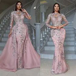 Luxury Pink Mermaid Evening Dress Woman Glitter Applique Flowers Prom Gowns Long Sleeves Party Night Dresses فستان سهرة نسائي