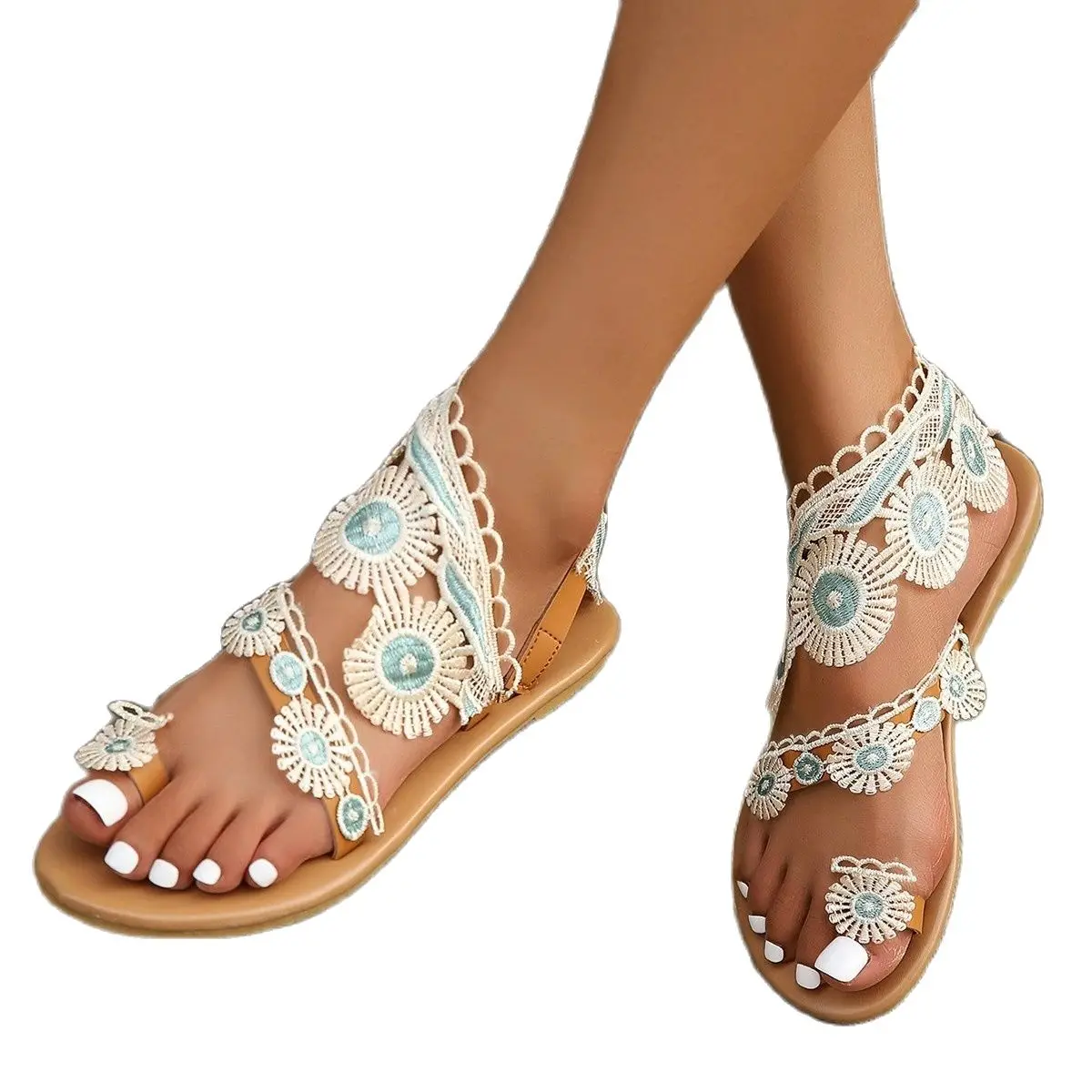 Women's sandals Fashion decal handmade flower set toe sandals large size daily wear with casual flat women's shoes