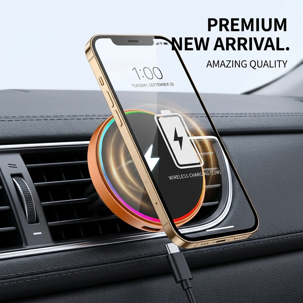 Magnetic Wireless Car Charger with Fast Charging and 360° Rotating Universal Mount