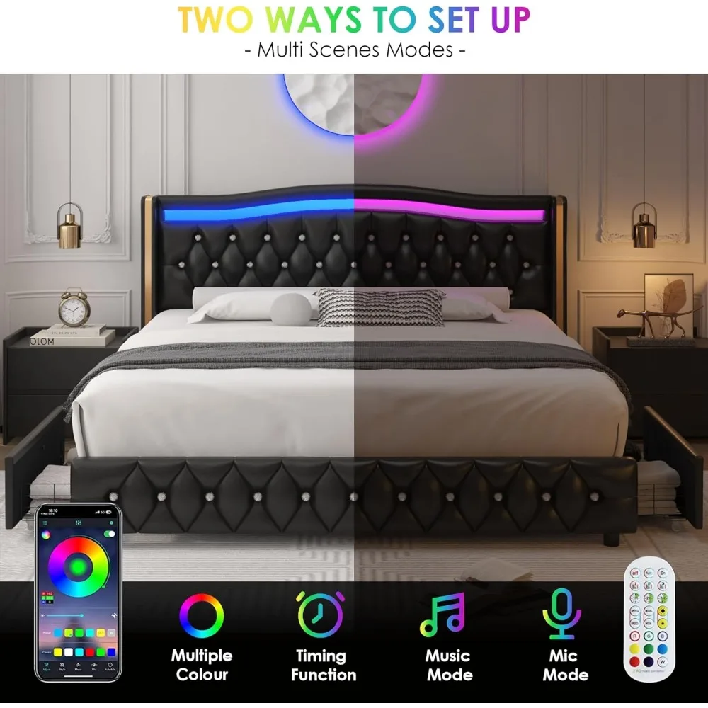 Bed Frame King Smart LED Platform Bed Frame With 4 Storage Drawers, Crystal Button-Tufted & Stainless Gold Trim Wingback Headboard