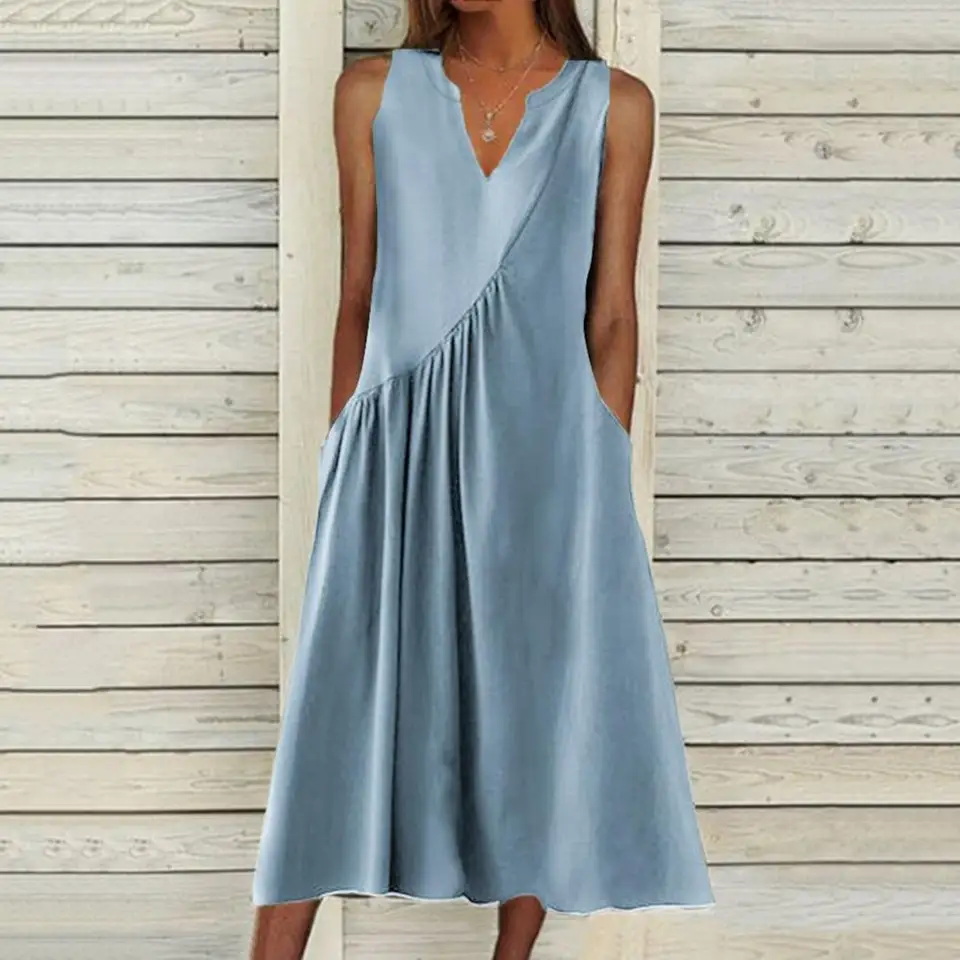 Vestido Midi Con Cuello En V Para Mujer,Vestido Midi Informal Con Cuello En V Informal Para Mujer Vestido Midi Con Dobladillo Con Volantes De Verano Estandares Lideres En La Industria