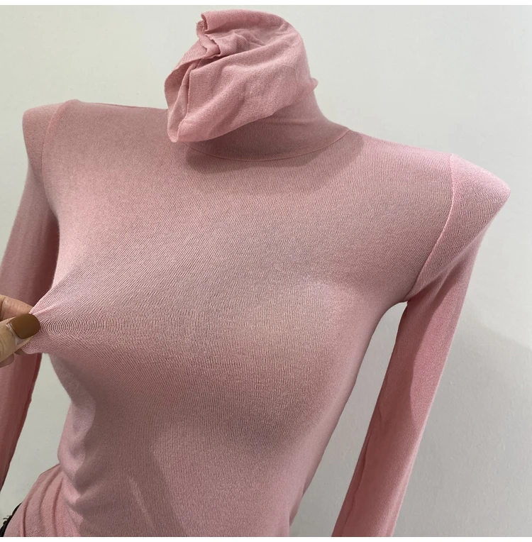 Description Picture 6 of itemThin Soft American Long Sleeve T-shirt High Stacked Neck Tight Perspective Bottom Shirt Women's Slim Fit Tops Sexy Streetwear