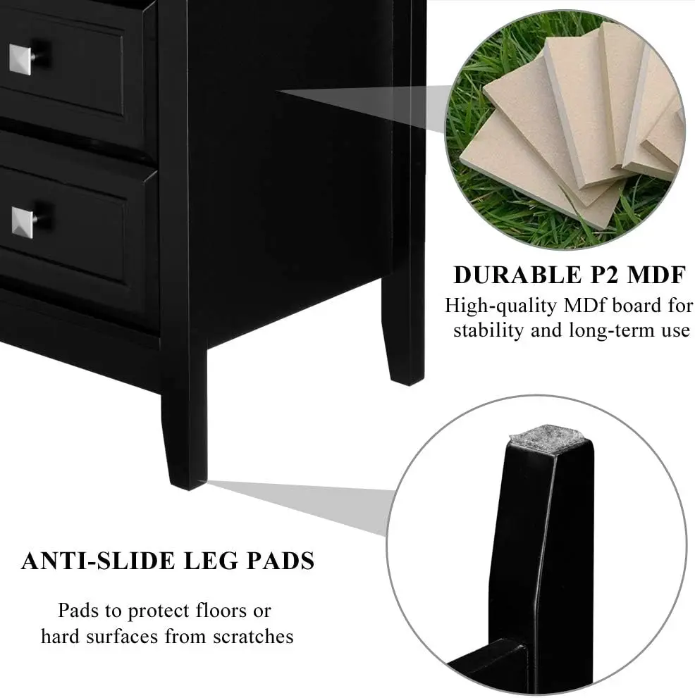 Upgraded Black Nightstand with Drawers, Night Stands for Bedrooms, Modern Bed Side Table/Night Stand with Metal Knobs for